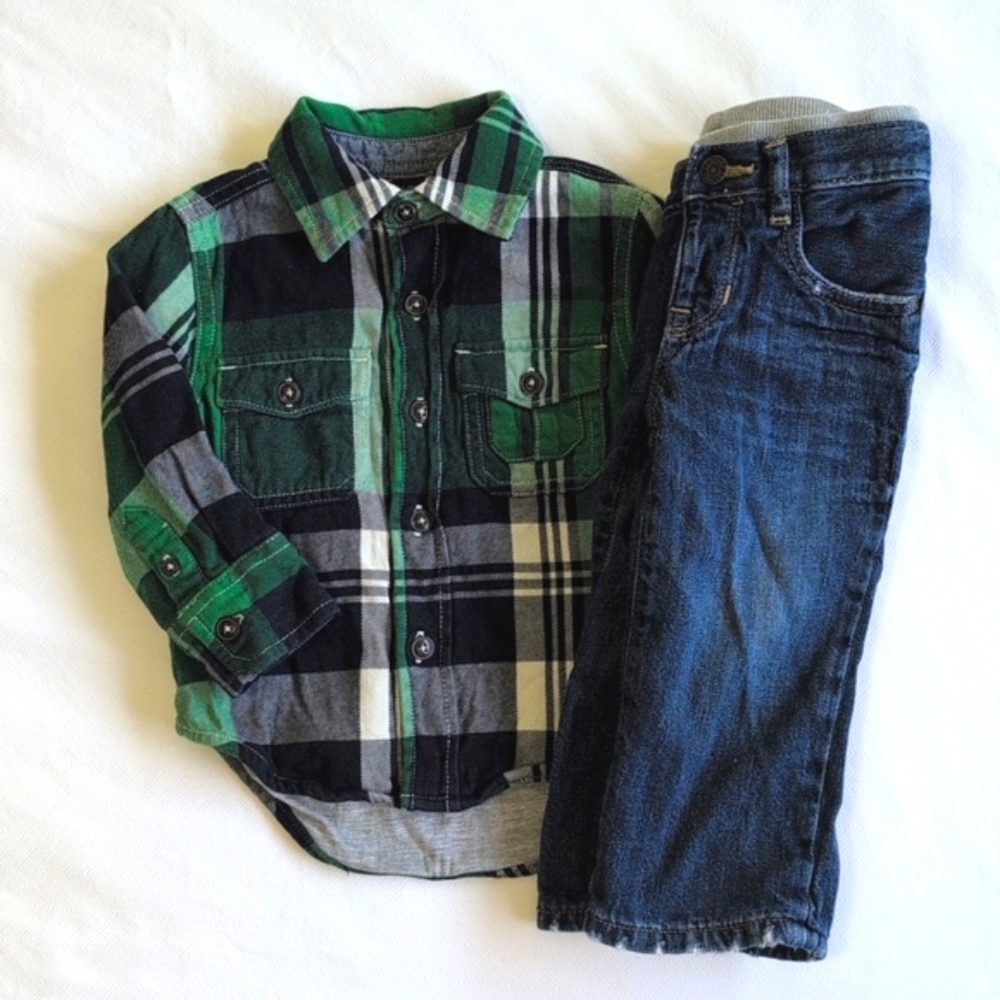 babyGap plaid lined button down & denim jeans outfit set 12-18 months baby boy